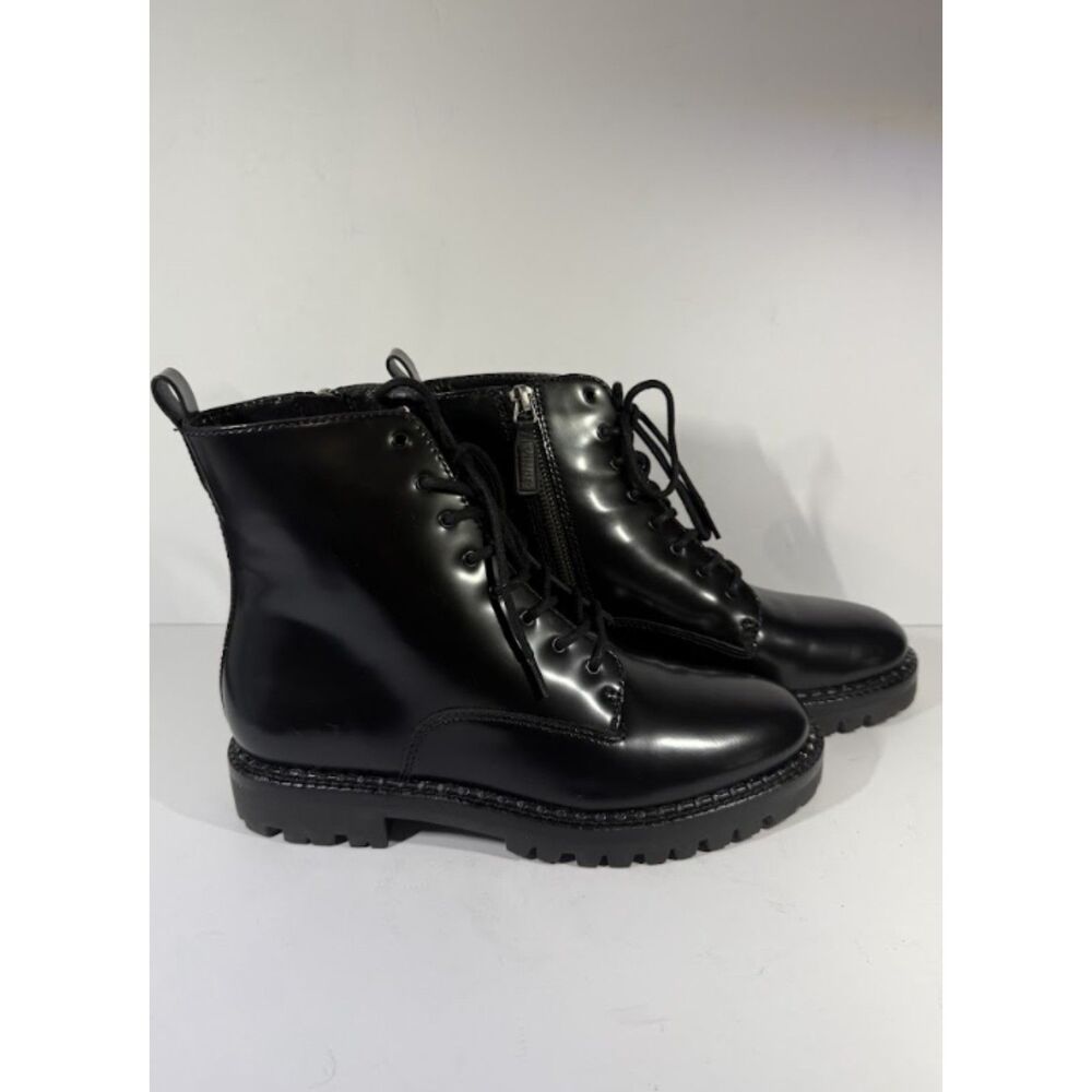 Vince Black Leather Lace Up Combat Boots Lug Sole Size:7